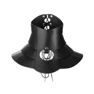 May include: A black faux leather choker collar featuring a multi-layered flared design. The piece includes a central silver-toned metal O-ring, silver eyelets, and black cord lacing at the back and bottom for an adjustable fit and secure closure.