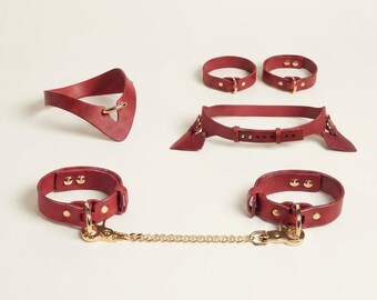 Red Leather Collar, Belt, Thigh Cuffs, Hand Cuffs Set, Festival Styling