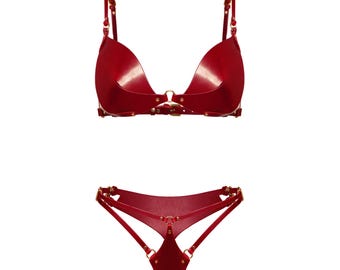 Luxury Red Leather Lingerie Set, Leather Lingerie Bra & Panties, Real Leather Lingerie Set, Birthday Gift for Her, Fetish Lingerie, Mature