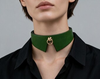 Green Leather O-Ring Choker Necklace, Gothic Collar Accessory, Gold Hardware