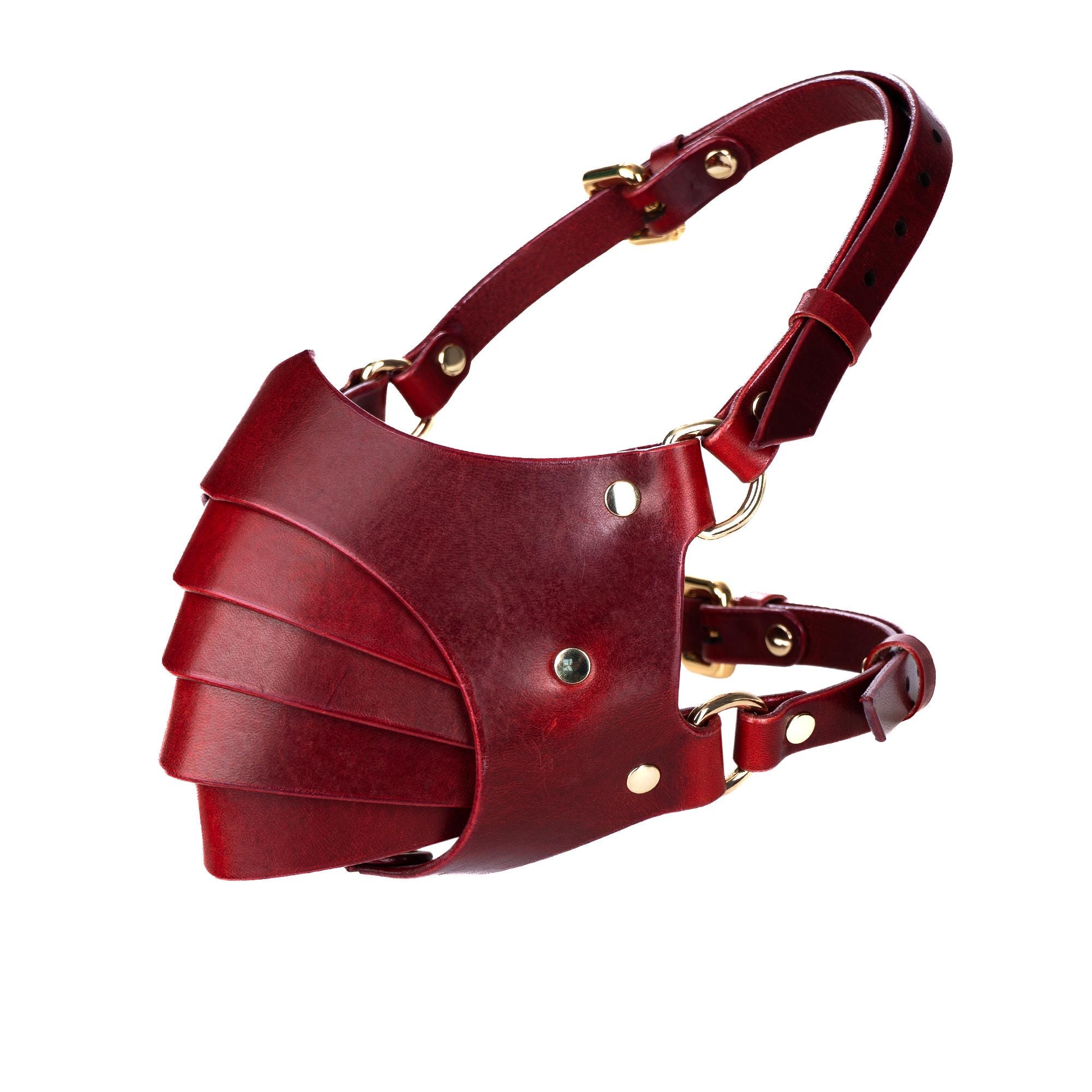 segmented red leather mask, cyberpunk mask cosplay, fashionable face mask