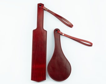 Red Genuine Leather Paddle with Wrist Strap, Handmade Leather Accessory, Unique Anniversary Gift for Couple