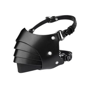 May include: Black leather muzzle with a layered design and silver hardware. The muzzle has a strap that goes around the head.