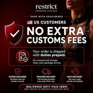 May include: A black leather harness and choker set with metal hardware. The image features text stating Restrict Premium Leather, US Customers No Extra Customs Fees, Shop With Confidence, Duties Included, Tracked Delivery, and Fast Delivery.