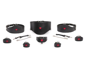 Black Leather Heart Collar, Cuffs, Belt Set, Handmade Accessories
