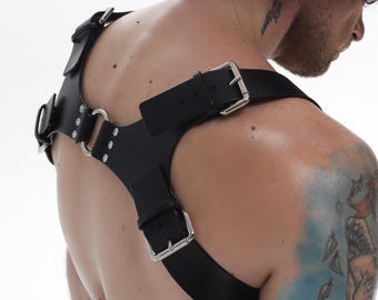 Men’s BDSM Leather Harness, Minimal Black Festival Harness with Buckles for Burning Man Looks