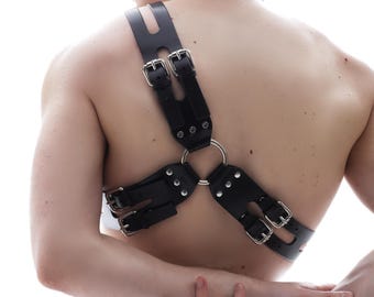 Genuine Leather Chest Harness, Asymmetrical Gothic Body Accessory, Adjustable Straps