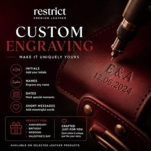 May include: A dark brown leather item being engraved by a metal tool. The text reads: restrict PREMIUM LEATHER, CUSTOM ENGRAVING, MAKE IT UNIQUELY YOURS, INITIALS, NAMES, DATES, SHORT MESSAGES, E & A 12.06.2024, PERFECT FOR ANNIVERSARY, BIRTHDAY, WEDDING, VALENTINE'S DAY.