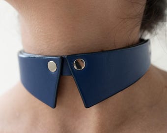 Blue Leather Choker Collar, Minimalist Gothic Neck Accessory with Silver Studs, Statement Festival Choker