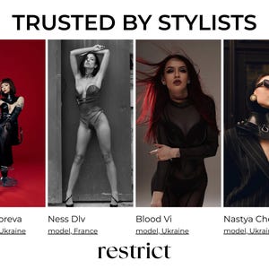 May include: A collage titled TRUSTED BY STYLISTS featuring four photographs of individuals wearing dark fashion accessories and apparel. Below each image are the names Valeria Goreva, Ness Dlv, Blood Vi, and Nastya Cheprazova. The word restrict is at the bottom.