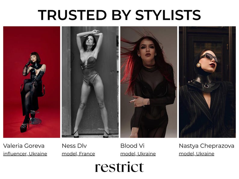 May include: A collage titled TRUSTED BY STYLISTS featuring four photographs of individuals wearing dark fashion accessories and apparel. Below each image are the names Valeria Goreva, Ness Dlv, Blood Vi, and Nastya Cheprazova. The word restrict is at the bottom.