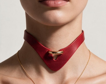 Red O Ring Choker, Asymmetrical Leather Collar For Women, Minimalist Submissive Neckpiece, Custom Couples Gift
