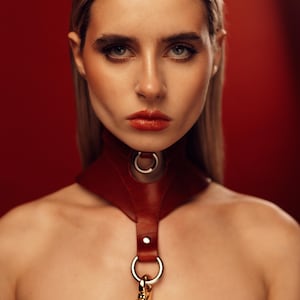 May include: A dark red leather choker collar featuring a wide, contoured neck band with a central silver-toned metal O-ring. A vertical leather strap extends downward from the collar, secured by a silver rivet and ending in a second metal O-ring.