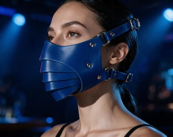 Blue Leather Segmented Mask, Futuristic Cosplay Face Cover, Gothic Rave Accessory