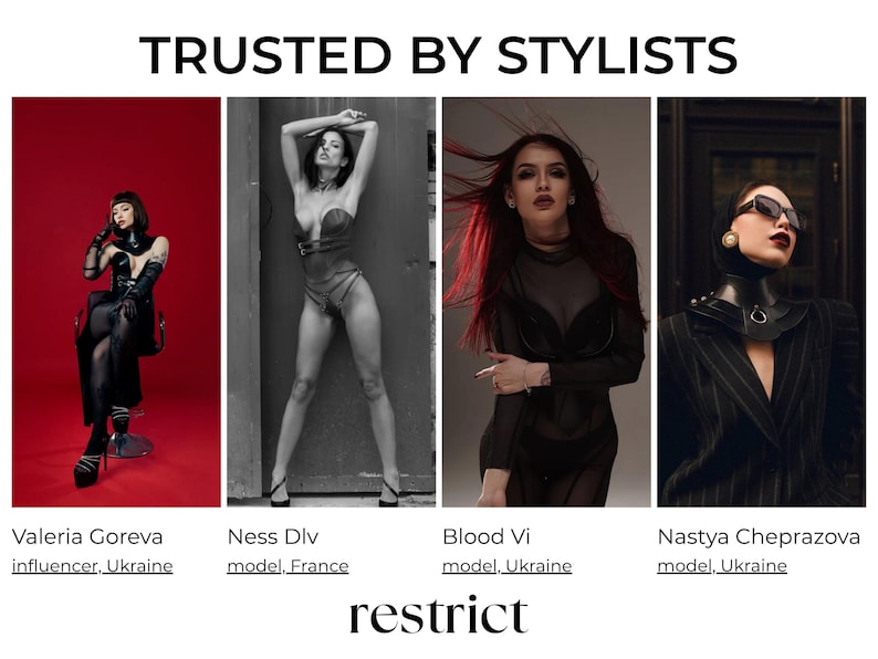 May include: A collage titled TRUSTED BY STYLISTS featuring four photographs of individuals wearing dark fashion accessories and apparel. Below each image are the names Valeria Goreva, Ness Dlv, Blood Vi, and Nastya Cheprazova. The word restrict is at the bottom.