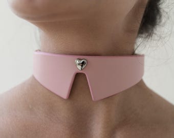 Pink Heart BDSM Collar, Handmade Leather Choker in Pastel Style, Cute Statement Accessory