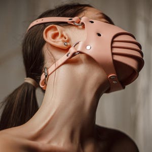 Segmented respirator leather mask, futuristic leather fetish mask, goth, cybergoth, cyberpunk, burning man cosplay mask