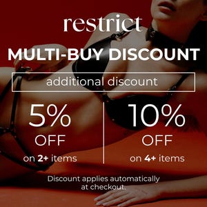 May include: A black leather harness set featuring a bra and matching leg straps with silver-tone hardware. Text reads: restrict, MULTI-BUY DISCOUNT, additional discount, 5% OFF on 2+ items, 10% OFF on 4+ items, Discount applies automatically at checkout.