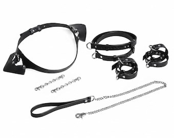 Black Leather Accessories Set, Wrist Cuffs, Thigh Cuffs, Belt and Chain Leash for Burning Man Outfit