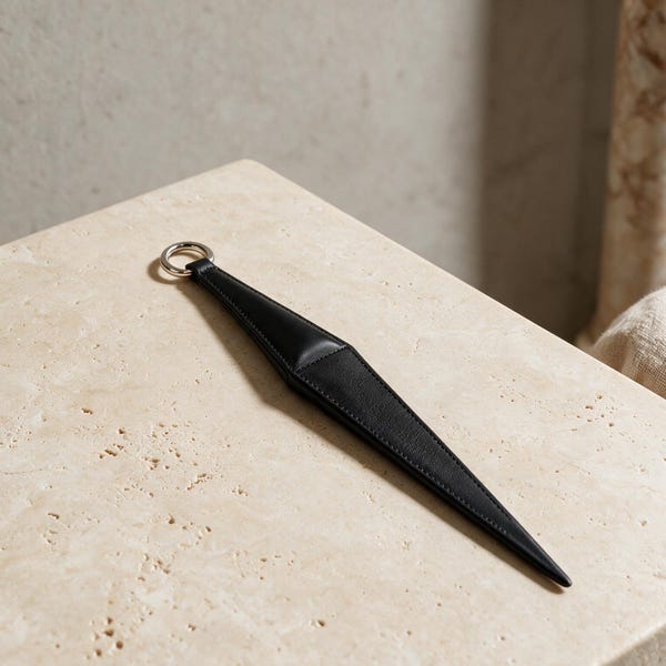 Paleta de cuero para azotes: juguete de impacto BDSM fino, látigo puntiagudo con mango de anilla, accesorio de bondage para juegos de impacto.