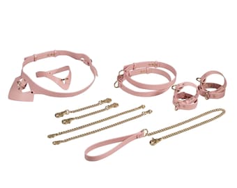 Pink Leather Accessory Set, Genuine Leather Cuffs, Belt and Chain Leash, BDSM Gift for Couple
