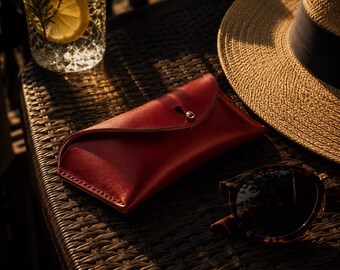 Handmade Italian Leather Sunglasses Case, Slim Eyewear Pouch, Personalized Embossing (185 x 70 mm)