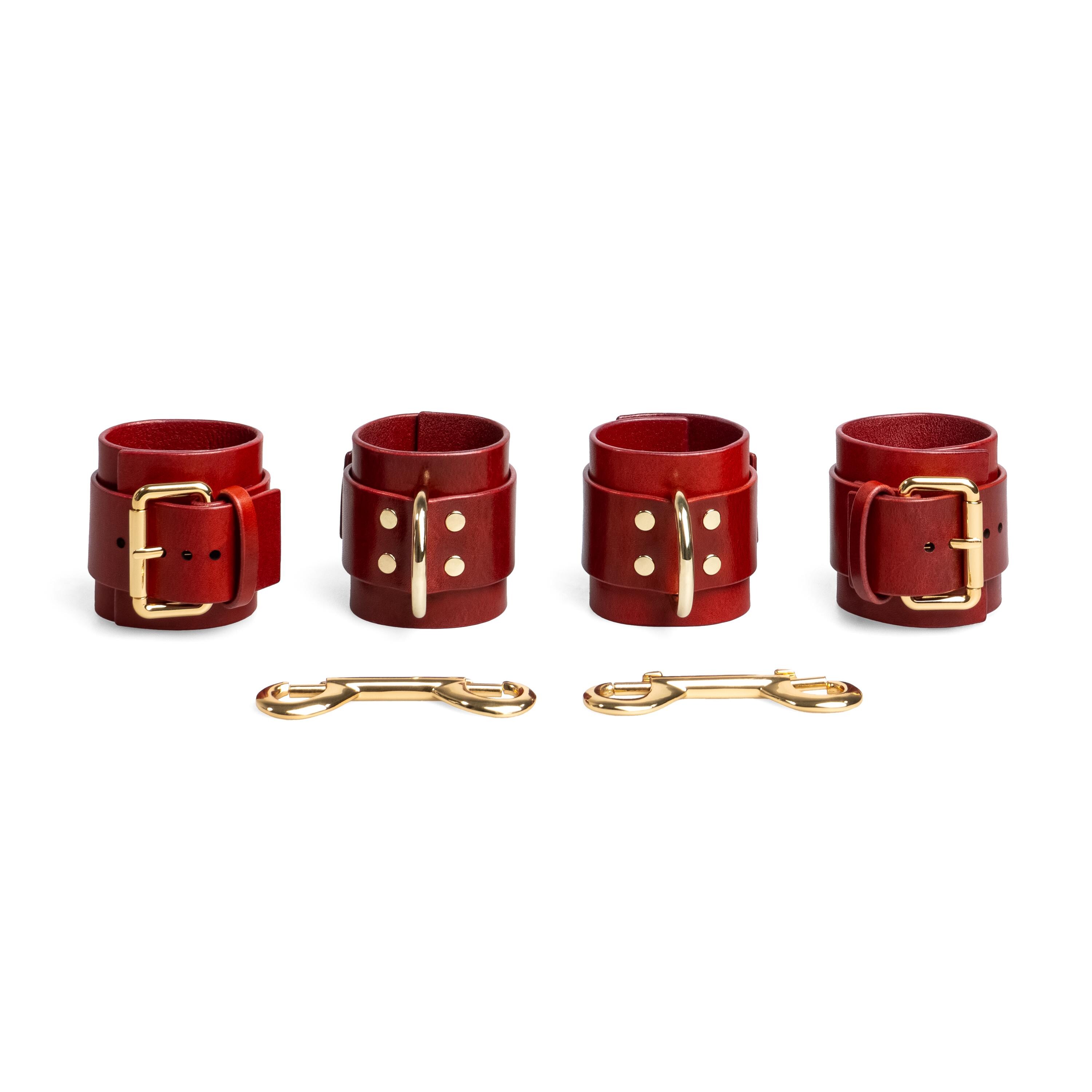 BDSM Wrist Cuffs, Red Leather Handcuffs, Genuine Leather Bondage Cuffs, Submissive Fetish Restraints, Hand and Ankle Cuffs, Adult Kinky Play