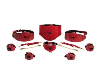 Red Leather BDSM Set, Luxury Collar and Cuffs Set, Gothic Leather Accessories Gift for Couple (Size S)