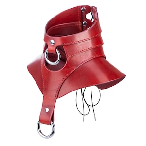 May include: A red leather choker collar featuring a wide, flared base, two silver-toned metal O-rings, and silver-toned rivets. The design includes a vertical strap extending downward and black lacing cords at the back for adjustable closure.