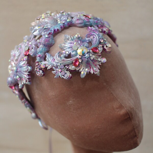 PURPLE BLUE SILVER Headband Crown - Swimmable Mermaid Headdress -  Show Festival Diadem Crown -  Goddess Headpiece Rhinestones and Pearls