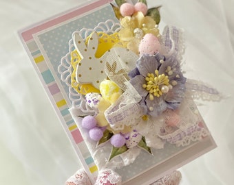 Carte de Pâques 4 x 6 pouces avec lapin et fleurs / Carte de Pâques bleue / Carte de Pâques pour bébé fille et garçon / Carte de Pâques florale / Cartes de voeux 3D