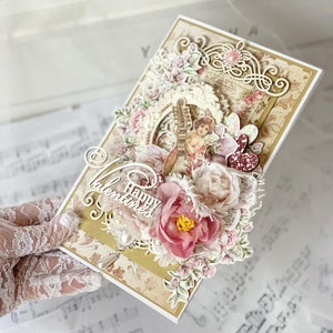 Karte zum Valentinstag mit Engel 21x13 cm, 3D Grußkarten retro / Karte für Freundin, Habby Chic Karten / Blumen Vintage Karte