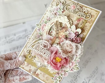 Carte de Saint-Valentin avec ange 20 x 20 cm, cartes de voeux 3D rétro / carte pour petite amie, cartes habby chic / carte vintage fleurs