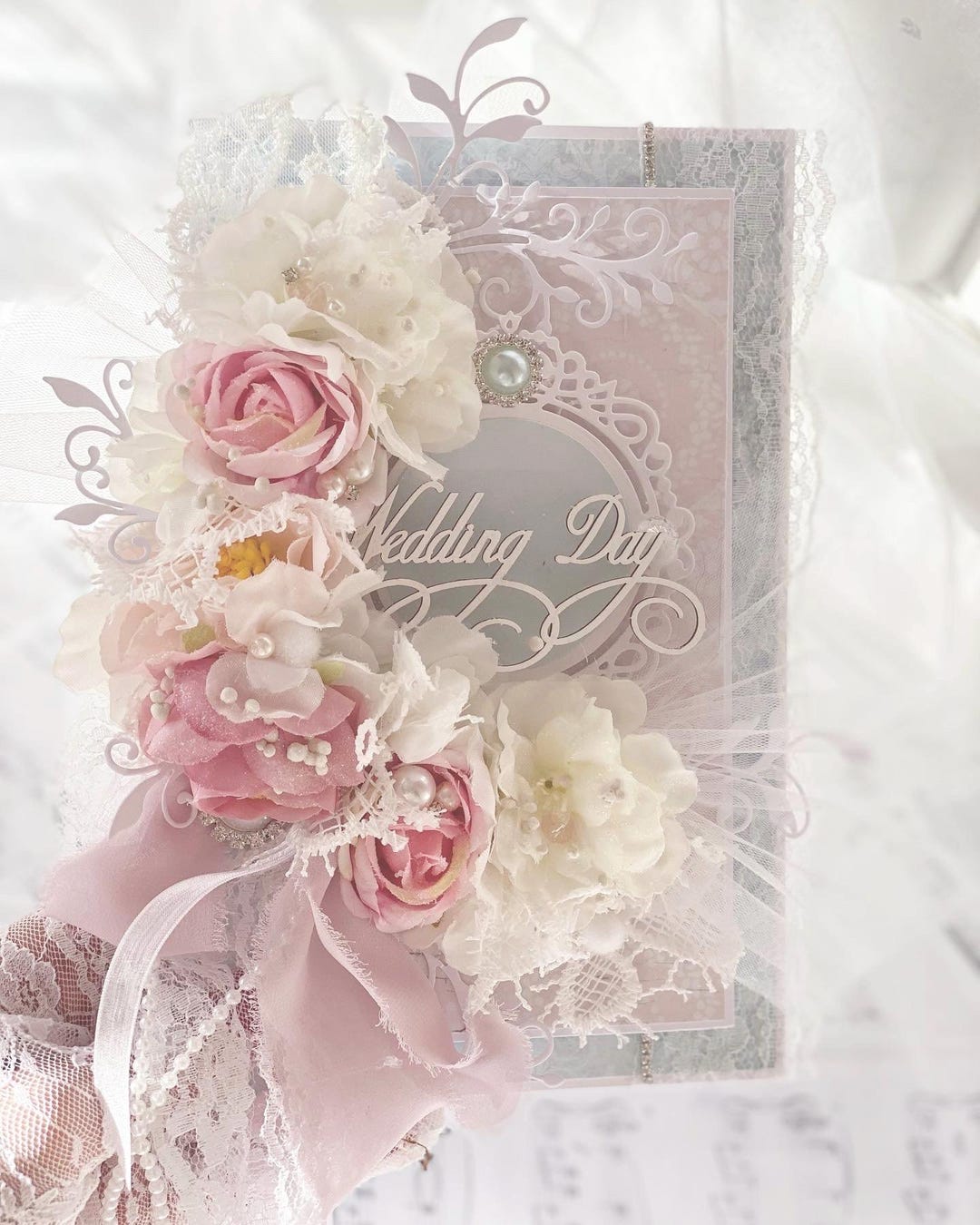 Handmade Shabby Chic Wedding Card – 3D Floral Lace Keepsake With Gift ...