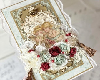 Carte de mariage 3D avec anges et roses / Carte de voeux florale pour mariage, fiançailles, anniversaire / Carte de mariage fleurs / Enveloppe de mariage 3D