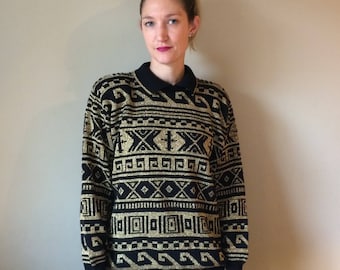 Gold and Black All Over Print Metallic Knit Sweater