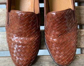 Brown woven leather loafers size 6.5