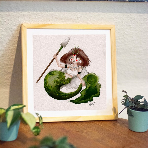 Edition d'art Print coton fanart ghibli  San princesse Mononoke algue lance pique nature loups