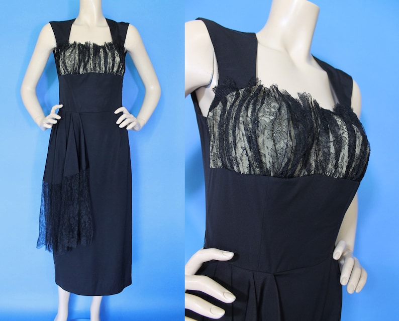 Vintage 40s 50s Gothic Lace Draped Sash Shelf Bust Cocktail Dress Halloween Party / M image 6