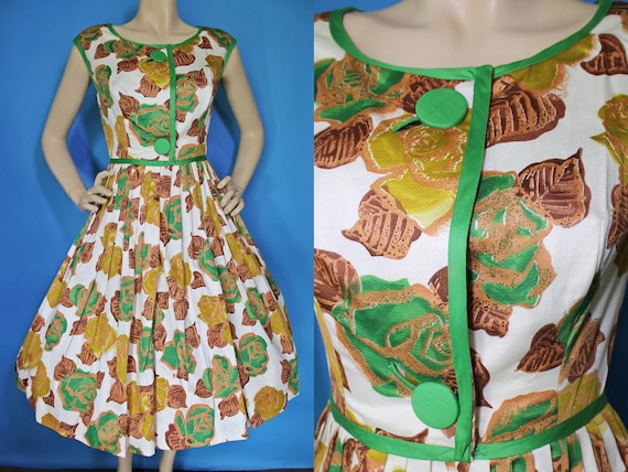 Vintage 50s Green Flower Dress / PiN Up Dress / 5