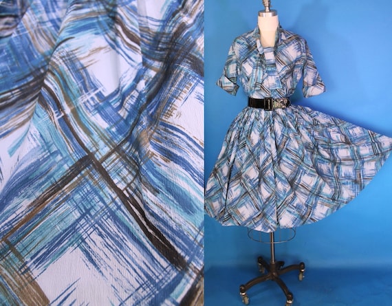 Vintage 50s Blue Dress / 50s Day Dress / 50s Full