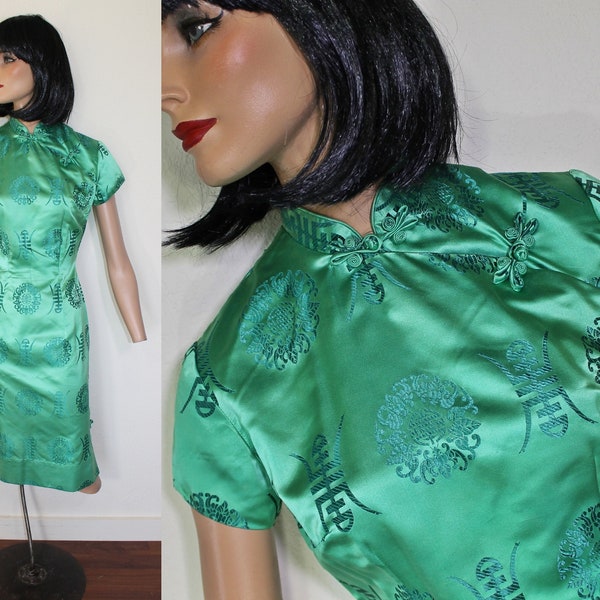 Vintage Green Silk CHEONGSAM Dress / STAN HICKS Hawaiian Casuals Dress / 50s Asian Dress / Wiggle Dress / 50s Cocktail Dress
