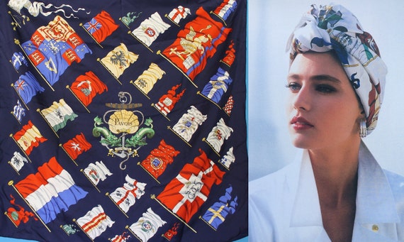 Vintage HERMES Silk SCARF / PAVOIS Flag Print Scar