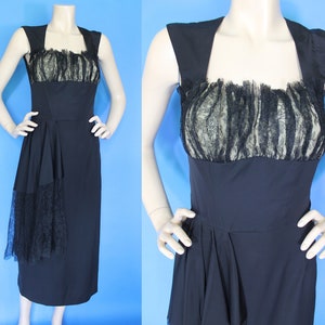 Vintage 40s 50s Gothic Lace Draped Sash Shelf Bust Cocktail Dress Halloween Party / M image 1