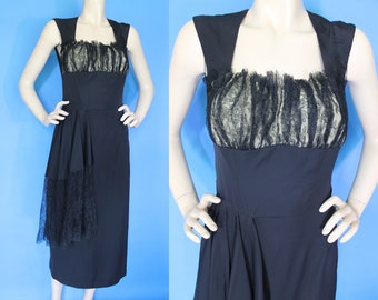 Vintage 40s 50s Gothic Lace Draped Sash Shelf Bust Cocktail Dress Halloween Party / M