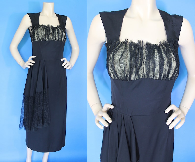 Vintage 40s 50s Gothic Lace Draped Sash Shelf Bust Cocktail Dress Halloween Party / M image 1