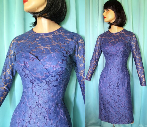 50s Blue LACE Hourglass Pin Up WIGGLE Dress / 50s