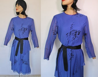 Vintage HANAE MORI Blue Black Art Print Sheer Airy Silk Designer Vintage Dress