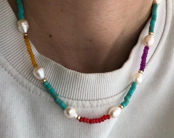 GOA Pearl Beaded Necklace | Multi Color Gemstone Jewelry | Rainbow Necklace Jewellery | Freshwater Pearl Statement Necklace