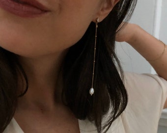 VINEA Pearl Gold Earrings | Modern Dangle Drop Dainty Baroque Earrings | Long Statement Crystal Stud Earrings | Fine Jewelry | Wedding